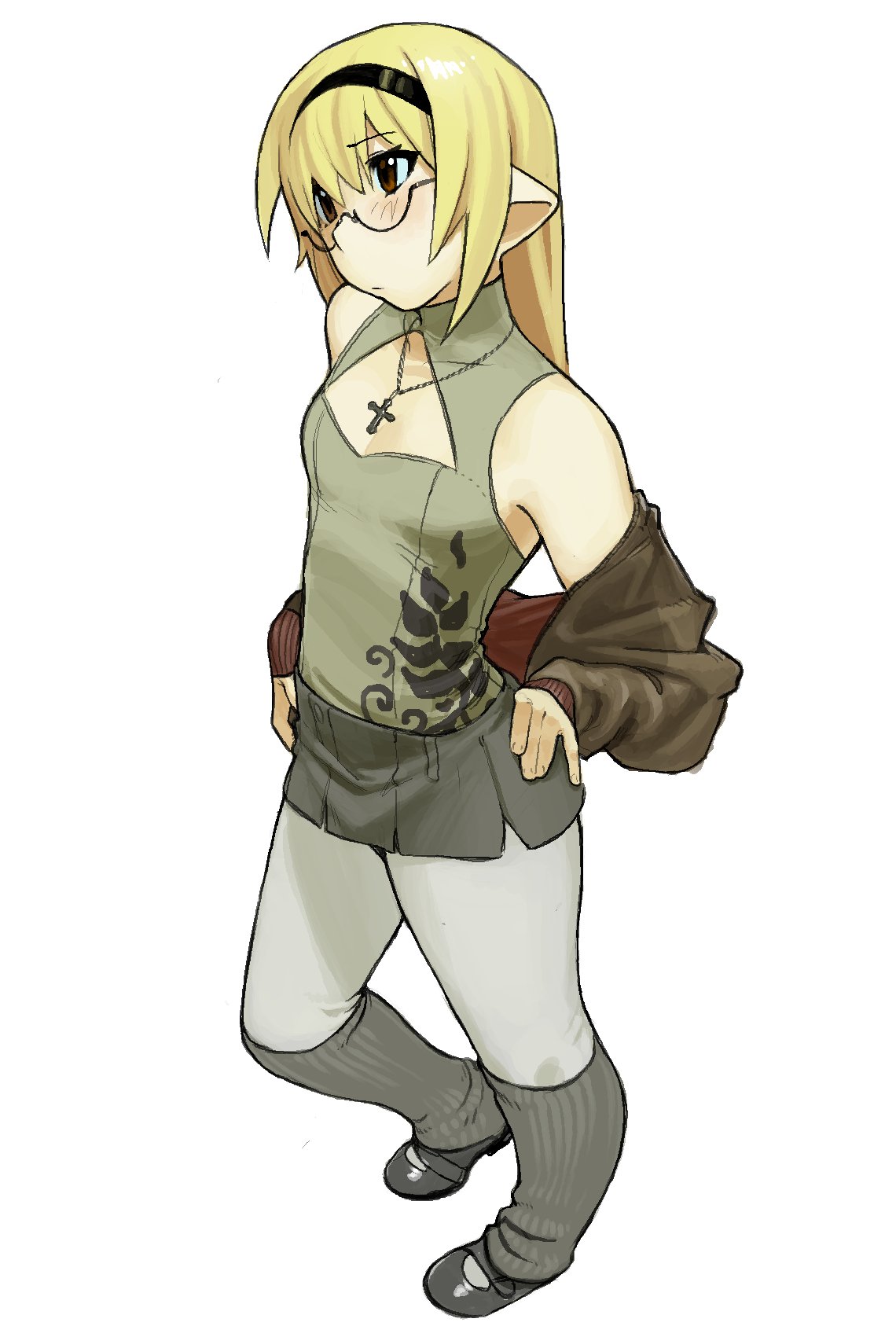 1girl, bare_shoulders, black_hairband, blonde_hair, cleavage_cutout, clothing_cutout, cross, cross_necklace