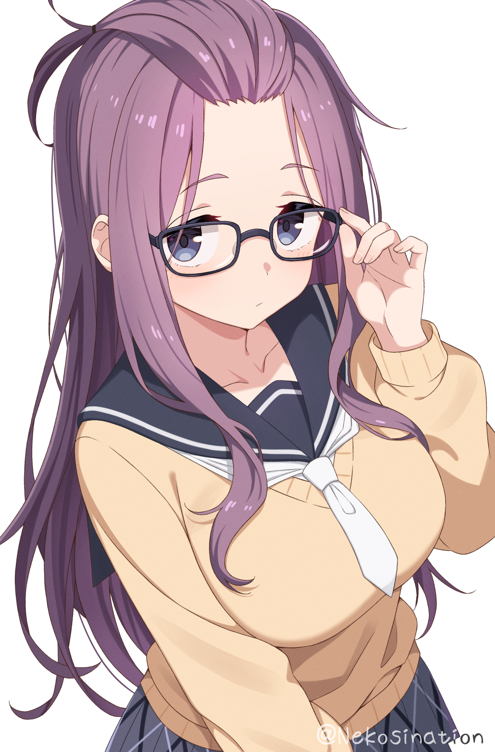 1girl, adjusting_eyewear, bangs_pinned_back, black-framed_eyewear, black_sailor_collar, blue_eyes, blush, breasts