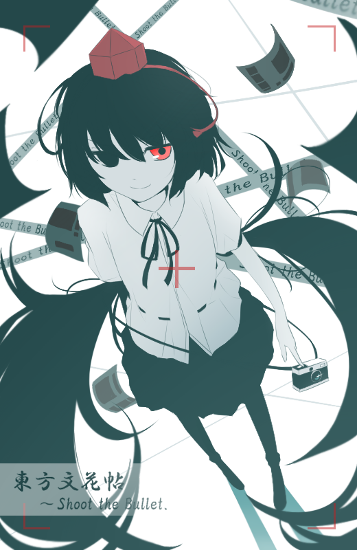 black_wings, camera, glowing, glowing_eyes, hat, kazeharu, red_eyes, ribbon
