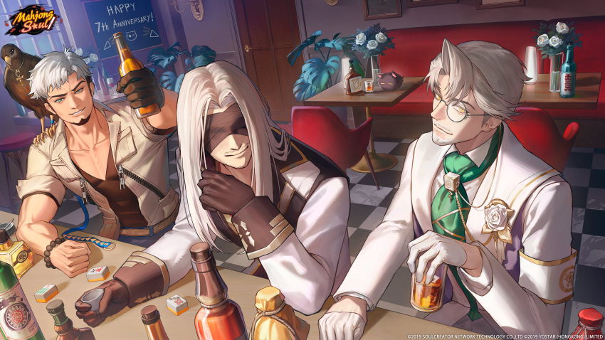 3boys, absurdres, alcohol, animal_on_shoulder, ankh_necklace, arm_on_table, arm_rest, armband