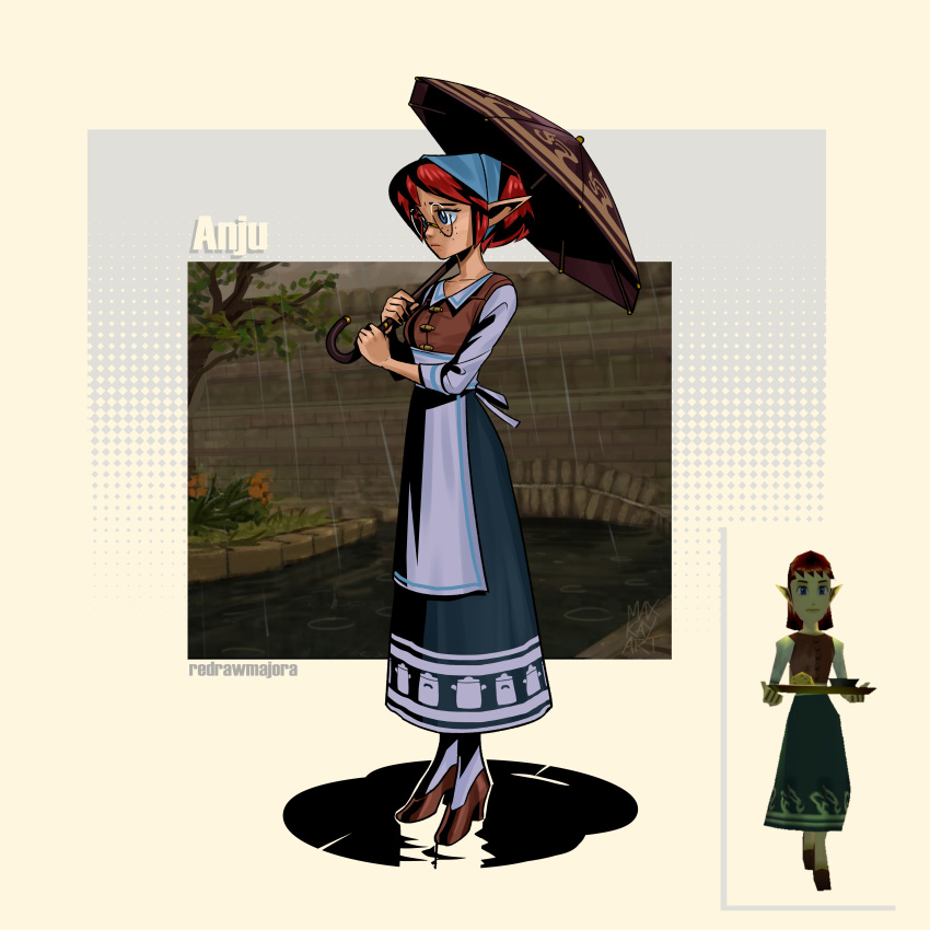 1girl, absurdres, anju_(zelda), apron, bespectacled, blue_bonnet, blue_eyes, blue_skirt