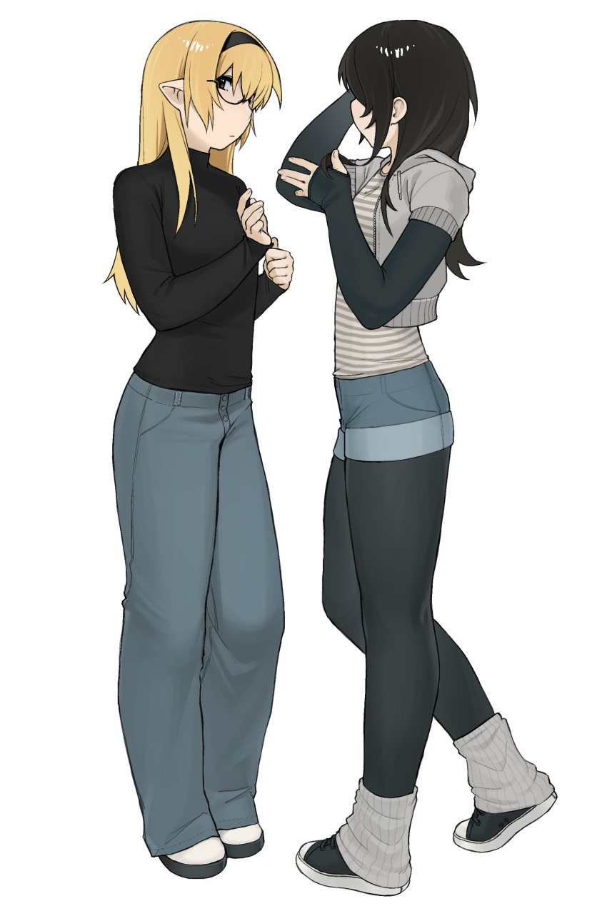 2girls, absurdres, black_hair, black_hairband, black_shirt, blonde_hair, breasts, denim