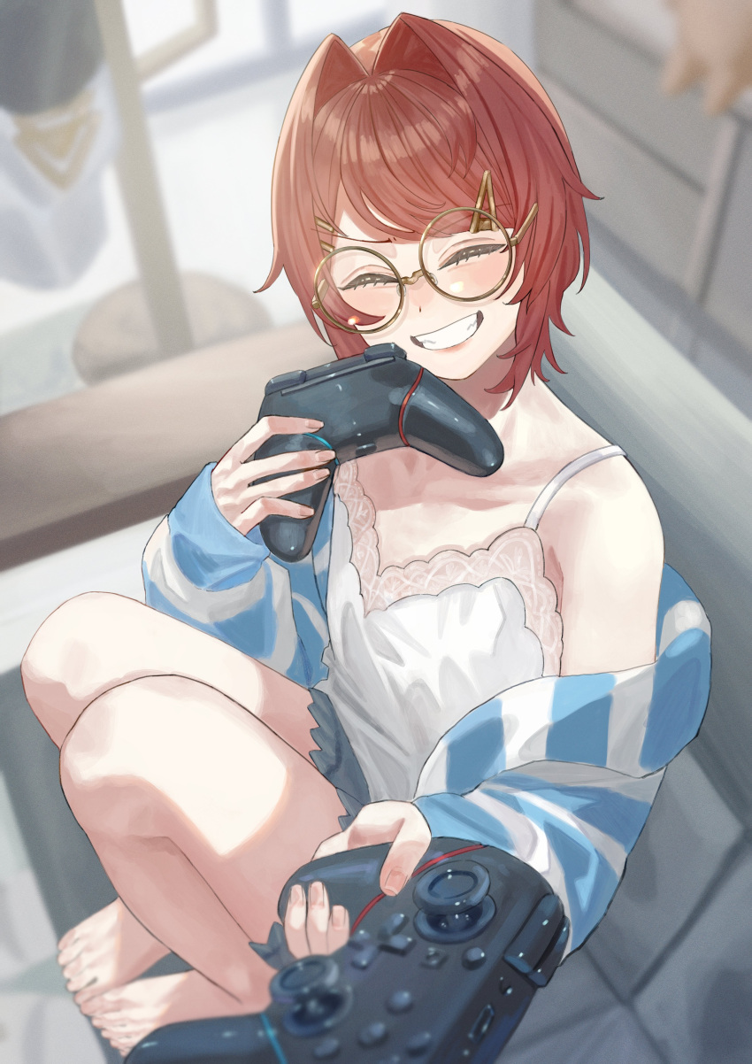 1girl, ^_^, absurdres, ange_katrina, ange_katrina_(loungewear), bare_legs, bare_shoulders, barefoot, blue_cardigan, blurry, blurry_background, blush, camisole, cardigan, chair, closed_eyes, collarbone, commentary_request, controller, eyelashes, facing_viewer, flat_chest, full_body, game_controller, giving, glasses, grey_shorts, grin, hair_intakes, hair_ornament, hairclip, hands_up, highres, holding, holding_controller, holding_game_controller, indoors, knees_up, long_sleeves, mandragora_(ange_katrina), nijisanji, nishinodashi, off_shoulder, on_chair, open_cardigan, open_clothes, red_hair, round_eyewear, short_hair, shorts, sitting, smile, solo, striped_cardigan, virtual_youtuber, white_camisole, white_cardigan, yellow-framed_eyewear