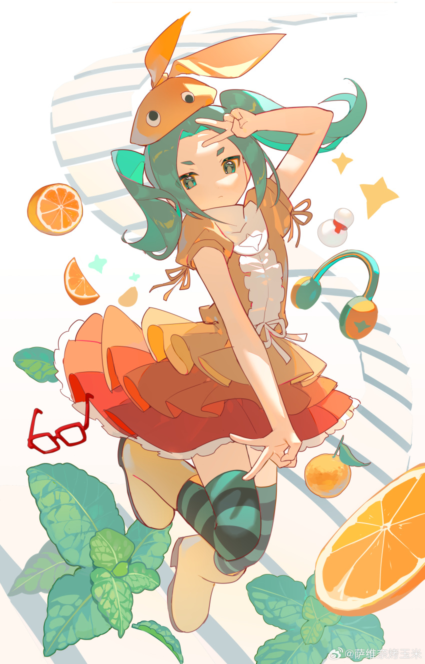 1girl, absurdres, aqua_hair, aqua_thighhighs, arm_up, boots, center_frills, commentary