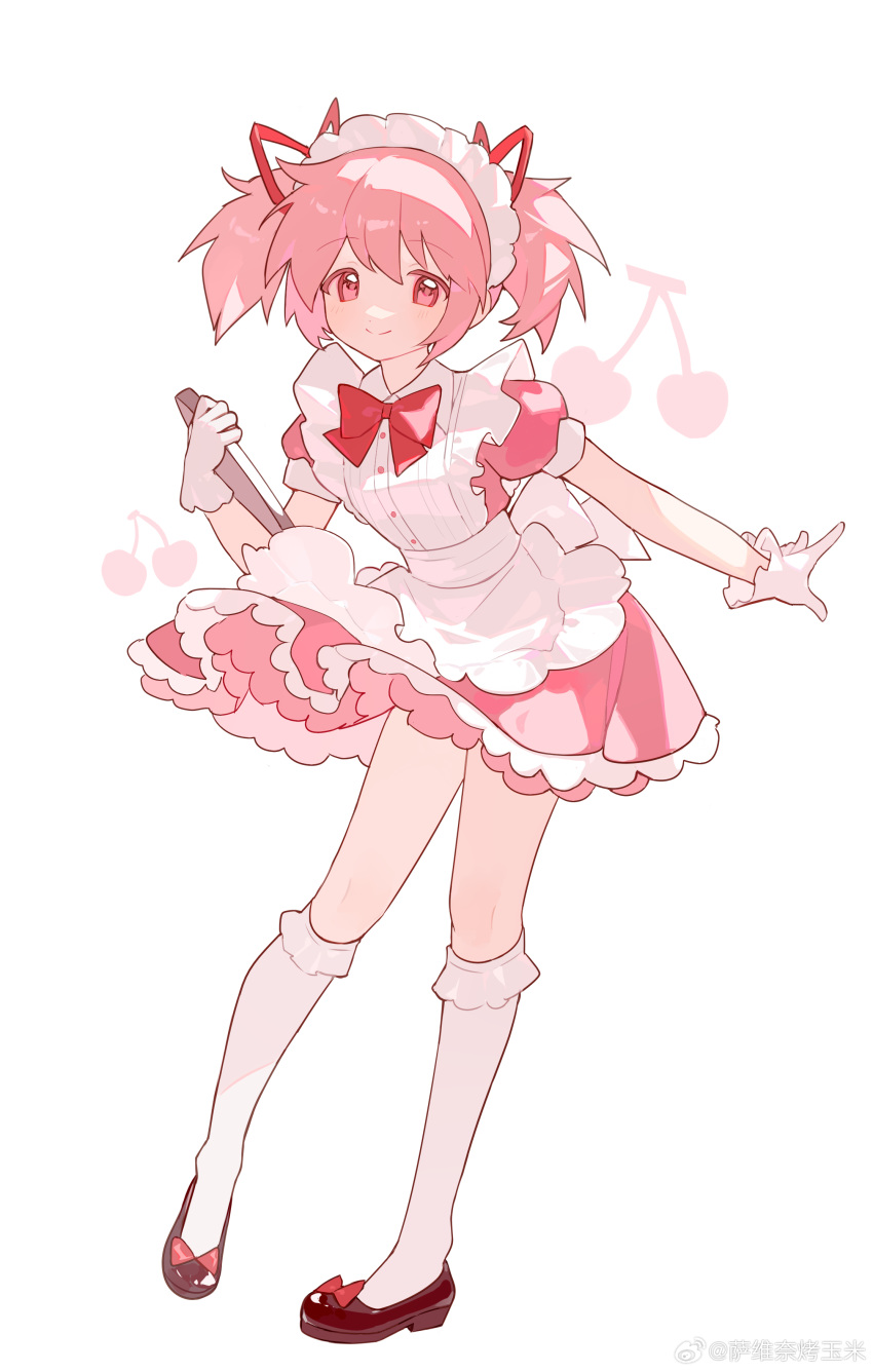 1girl, absurdres, ankle_socks, apron, bow, bowtie, cherry, commentary