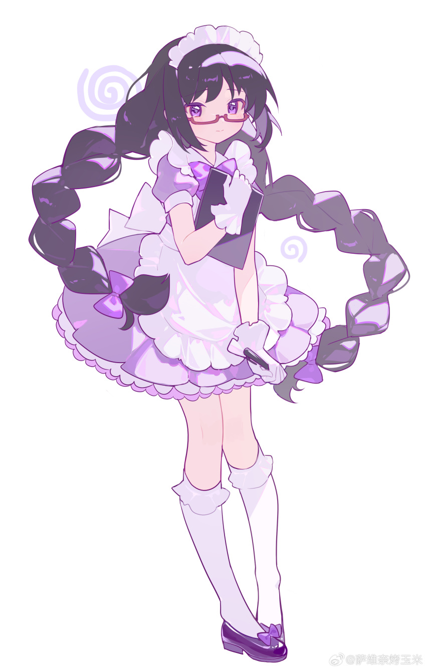 1girl, absurdres, akemi_homura, ankle_socks, apron, black_hair, bow, bowtie