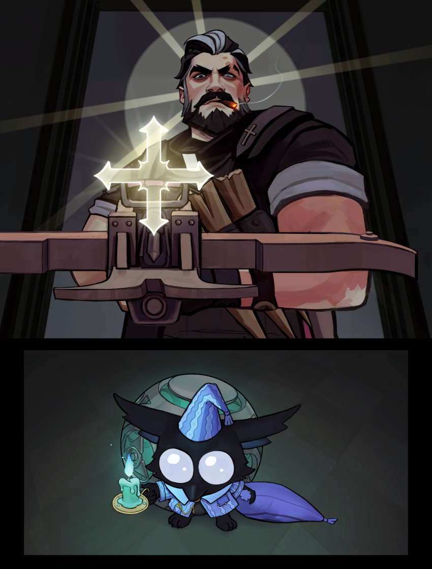 2boys, absurdres, angry, beard, black_fur, black_hair, black_shirt, blue_pajamas