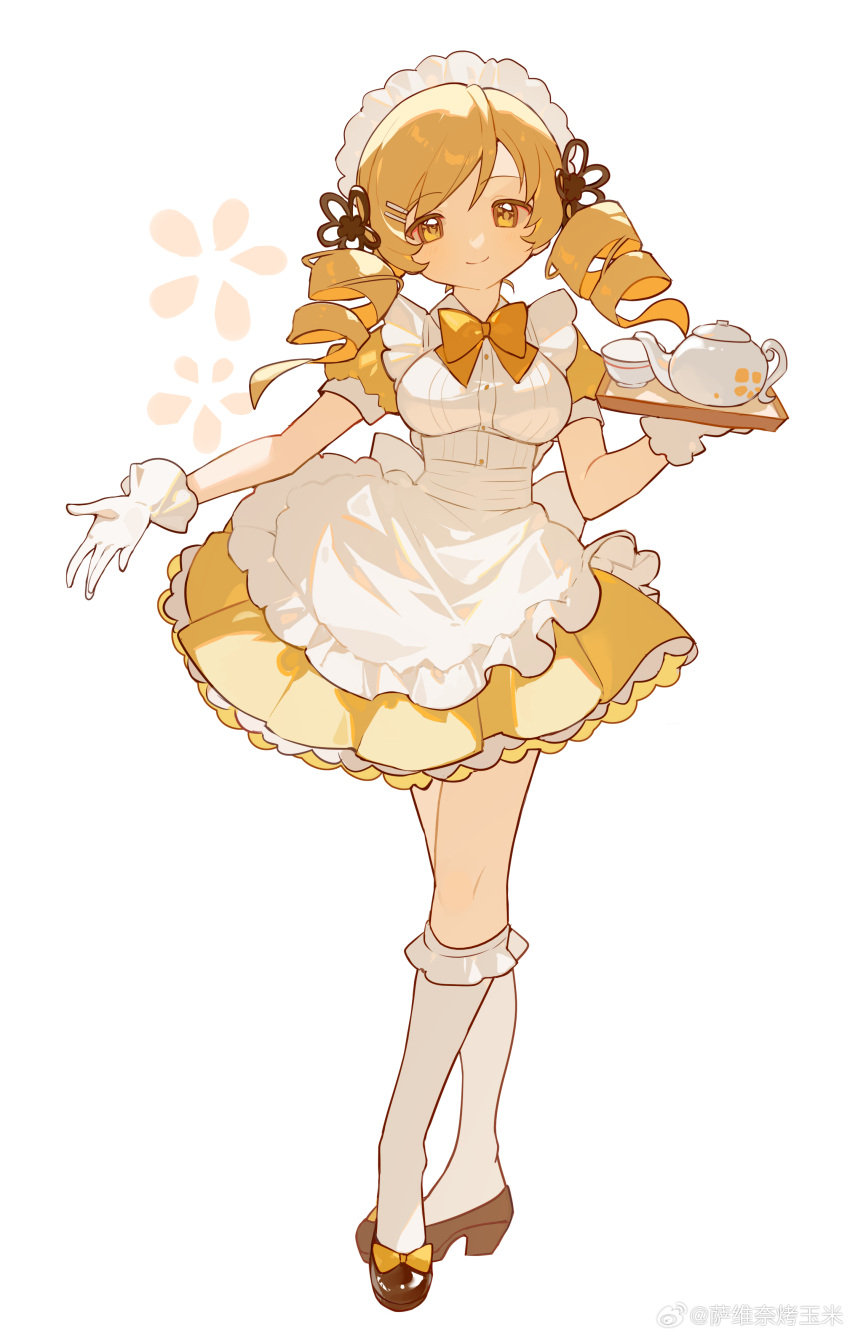 1girl, absurdres, ankle_socks, apron, back_bow, black_shoes, blonde_hair, bow