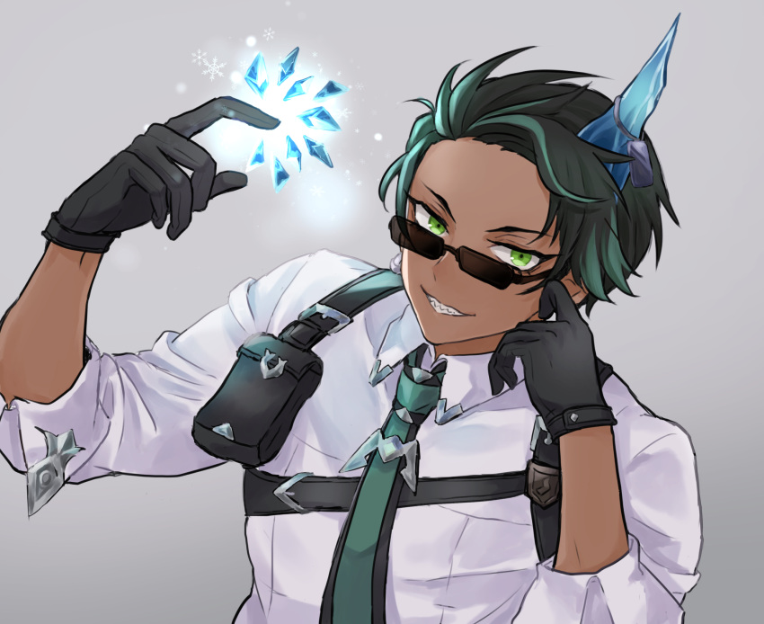 1boy, aragami_oga, aragami_oga_(3rd_costume), black_gloves, black_hair, chest_harness, collared_shirt, cryokinesis