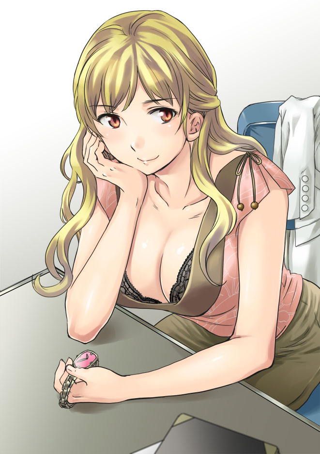 blonde_hair, blouse, bra, breasts, chair, character_request, chin_rest, cleavage