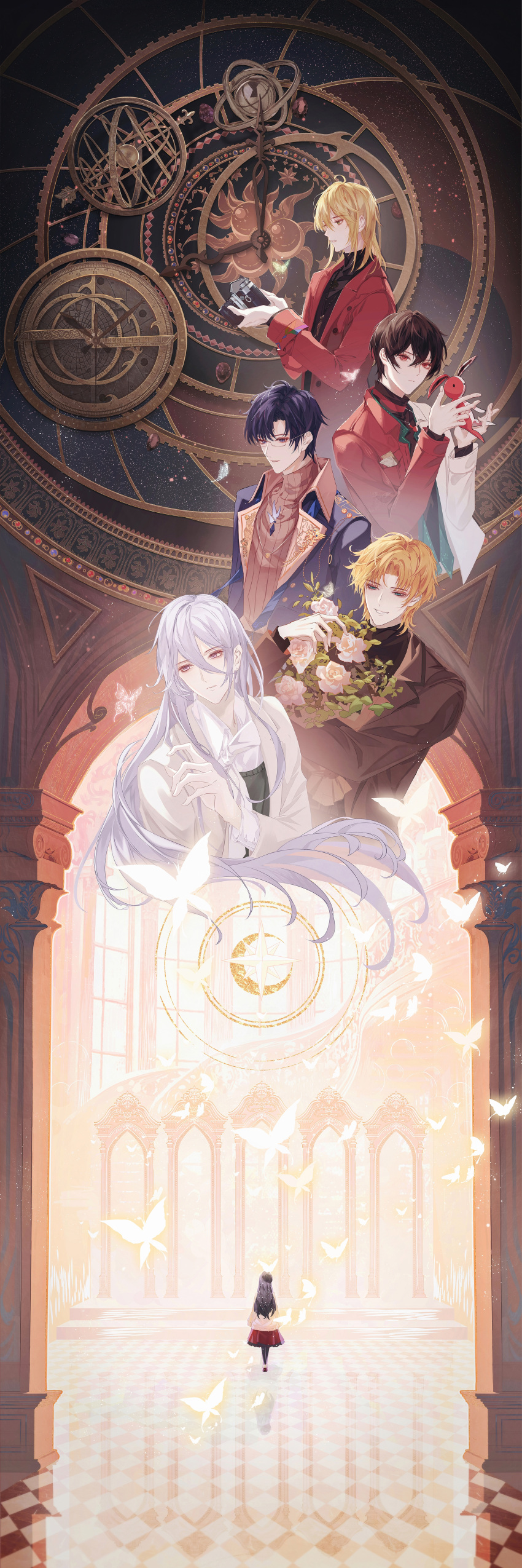 1girl, 5boys, absurdres, alkaid_mcgrath, alkaid_mcgrath_(corridor_of_fate), analog_clock, arcade_(architecture), arch