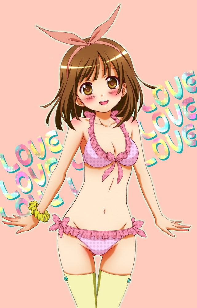 bikini, blush, breasts, brown_eyes, brown_hair, cleavage, frilled_bikini, frills, front-tie_top, hairband, monogatari_(series), open_mouth, sengoku_nadeko, short_hair, side-tie_bikini, smile, sugise_satoshi, swimsuit, thigh-highs, thigh_gap, thighhighs
