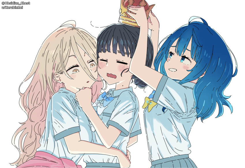 3girls, ahoge, basori_tiara, black_hair, blonde_hair, blue_bow, blue_bowtie, blue_eyes, blue_hair, blush, bow, bowtie, breasts, collared_shirt, commentary, crown, english_commentary, grey_skirt, hair_between_eyes, hair_bun, highres, hug, large_breasts, long_hair, long_hair_between_eyes, make_heroine_ga_oo_sugiru!, medium_hair, mole, mole_on_neck, multiple_girls, obsidian_chest, open_mouth, pleated_skirt, school_uniform, shikiya_yumeko, shirt, short_hair, short_sleeves, skirt, smile, tsuwabuki_high_school_uniform, white_background, white_shirt, yanami_anna, yellow_bow, yellow_bowtie, yellow_eyes