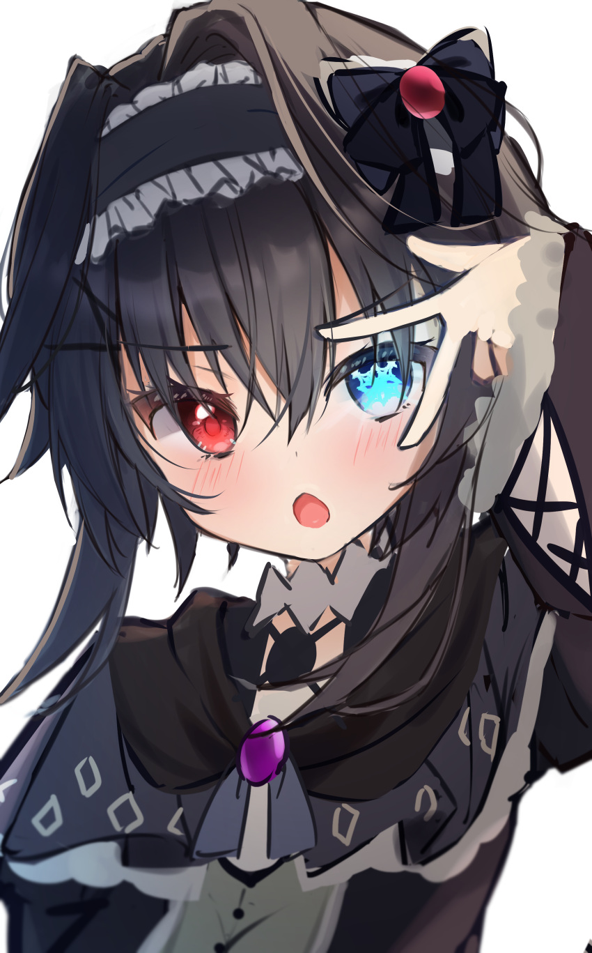 1girl, 9-nine-, absurdres, black_bow, black_capelet, black_dress, black_hair, black_hairband
