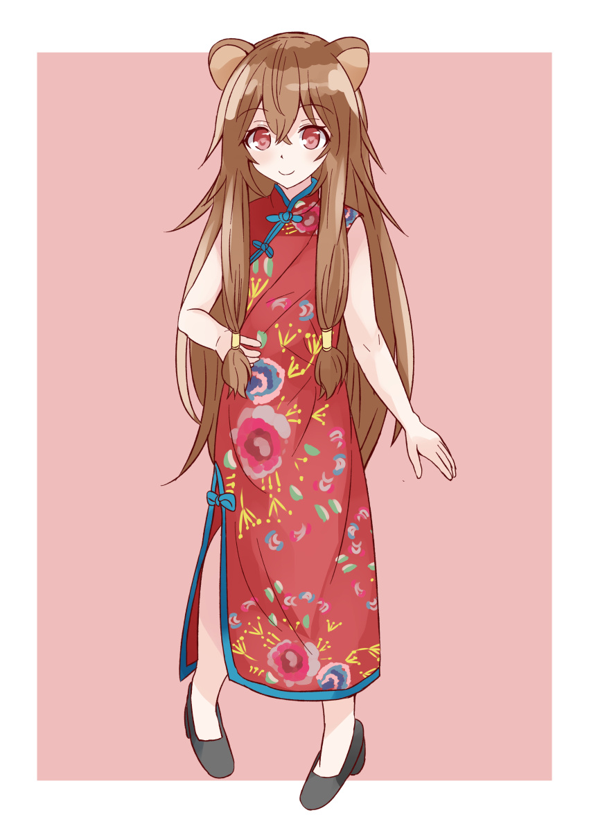 1girl, absurdres, animal_ears, aqua_trim, bare_arms, black_shoes, border, brown_hair