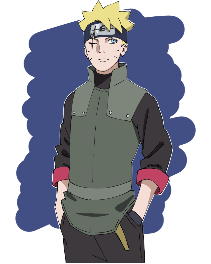 1boy, absurdres, alternate_costume, black_headband, black_pants, blonde_hair, blue_eyes, boruto:_two_blue_vortex