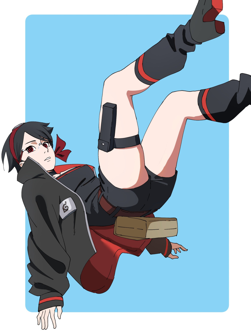 1girl, absurdres, belt, black_hair, black_romper, black_socks, boruto:_two_blue_vortex, boruto_(series)