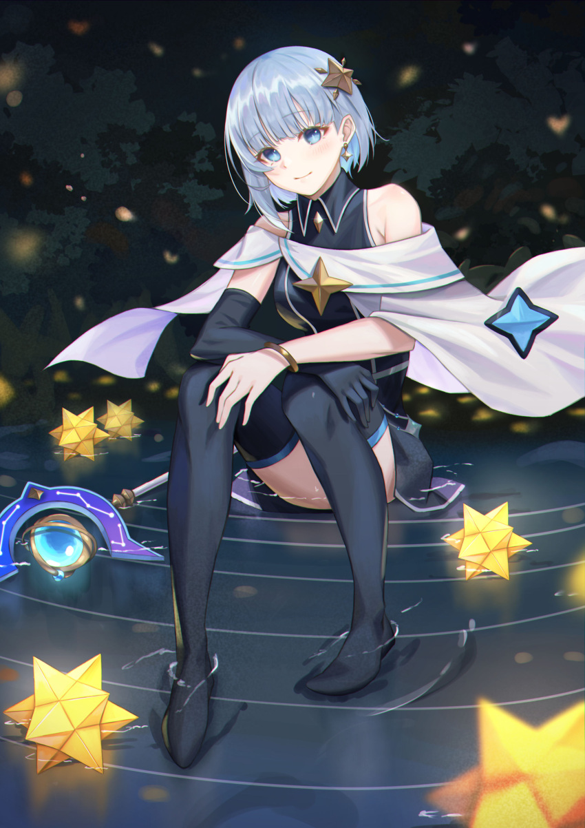 1girl, absurdres, blue_eyes, bob_cut, bracelet, breasts, calder_(pixiv3698273), cape