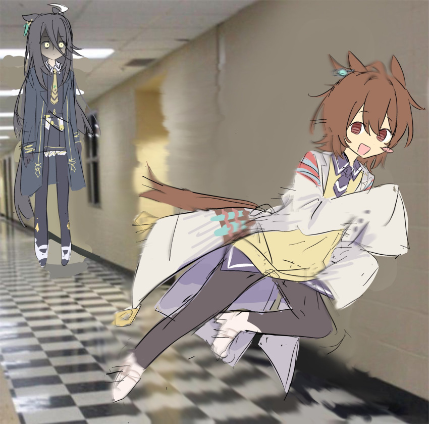 2girls, :d, agnes_tachyon_(tach-nology)_(umamusume), agnes_tachyon_(umamusume), ahoge, animal_ears, black_coat, black_gloves, black_hair, black_necktie, black_pantyhose, black_shirt, checkered_floor, coat, collared_shirt, derivative_work, earrings, fleeing, floating, floating_boy_chasing_running_boy_(meme), gloves, hair_between_eyes, hallway, highres, horse_ears, horse_girl, horse_tail, jewelry, lab_coat, levitation, long_bangs, long_hair, long_hair_between_eyes, long_sleeves, manhattan_cafe_(creeping_shadow)_(umamusume), manhattan_cafe_(umamusume), meme, moe_otakuyaro, multiple_girls, necktie, pantyhose, photo_background, red_eyes, running, screenshot_redraw, shaded_face, shirt, shoes, short_necktie, single_earring, sleeves_past_fingers, sleeves_past_wrists, smile, sweater, sweater_vest, tail, umamusume, white_hair, white_shoes, yellow_eyes, yellow_necktie, yellow_sweater, yellow_sweater_vest