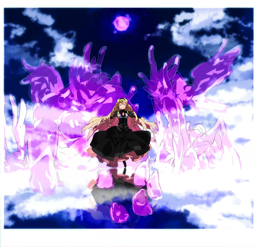 closed_eyes, eyes_closed, long_hair, mist, monster, moon, night, original, outstretched_arms, shirow_(crazy), sky, spread_arms, very_long_hair, vlh, water