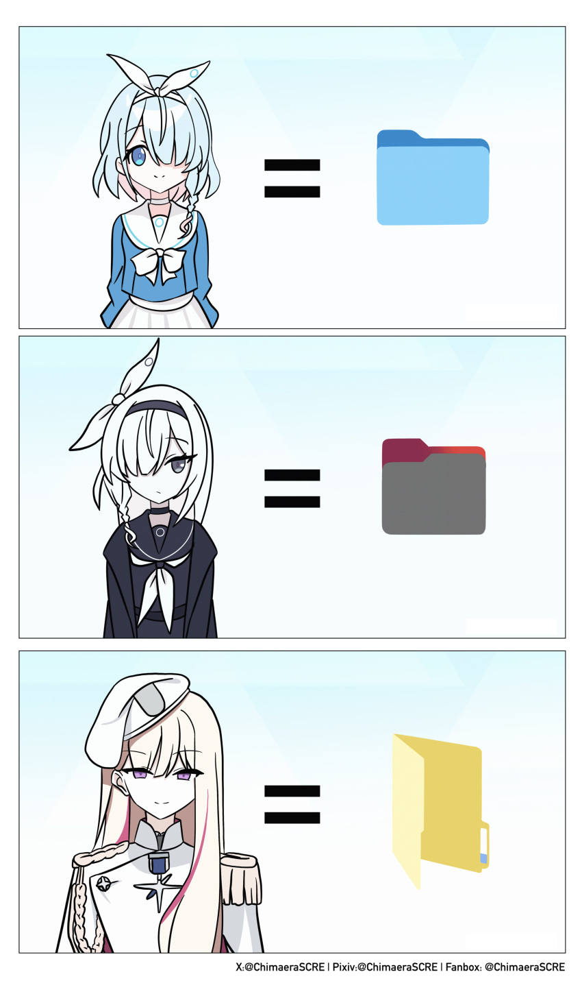 3girls, absurdres, aiguillette, arona_(blue_archive), beret, black_coat, black_hairband, black_sailor_collar