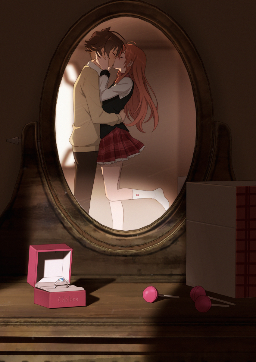 1boy, 1girl, absurdres, akame_ga_kill!, black_vest, brown_hair, candy, chelsea_(akame_ga_kill!), commentary, commission, english_commentary, food, hetero, highres, jewelry, kiss, lollipop, long_hair, long_sleeves, mirror, pixiv_commission, plaid_clothes, plaid_skirt, pleated_skirt, prolatte, red_skirt, reflection, reflection_focus, ring, skirt, socks, solo, sweater, tatsumi_(akame_ga_kill!), vest, white_socks