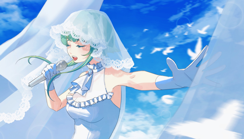 1girl, ascot, bare_shoulders, blue_sky, breasts, bridal_veil, closed_eyes, commentary_request