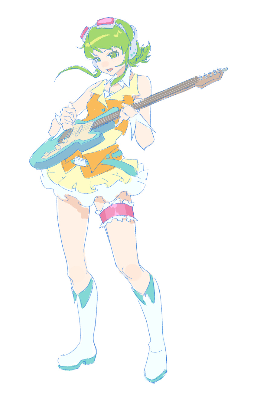 1girl, absurdres, bare_shoulders, boots, eihara, electric_guitar, full_body, goggles