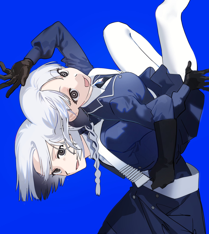 1boy, 1girl, :d, absurdres, black_eyes, black_gloves, blue_background, braid