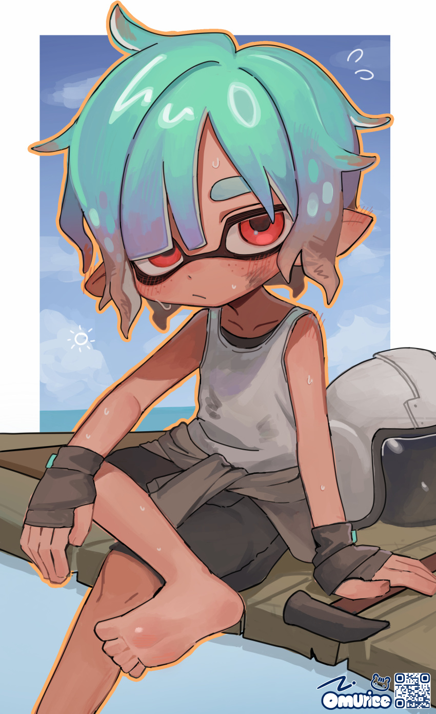 1boy, absurdres, aqua_hair, barefoot, black_shorts, blush, clothes_around_waist, commentary_request