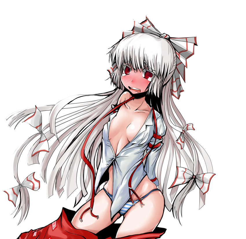 arms_behind_back, bikini, blush, bow, breasts, cleavage, embarrassed, fujiwara_no_mokou