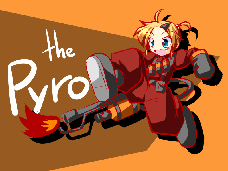1dtsa, blonde_hair, blue_eyes, bodysuit, cosplay, flamethrower, flat_chest, gloves