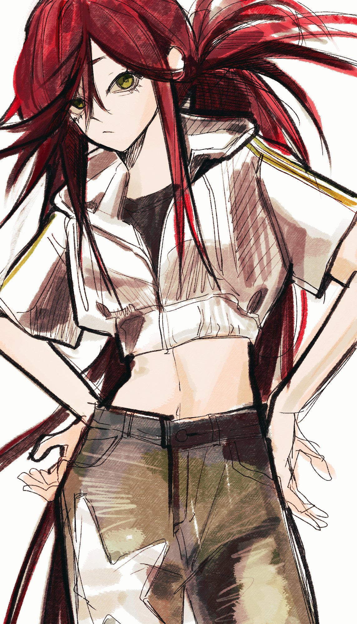1girl, black_shirt, closed_mouth, cowboy_shot, cropped_jacket, cropped_shirt, flipped_bangs, gachiakuta