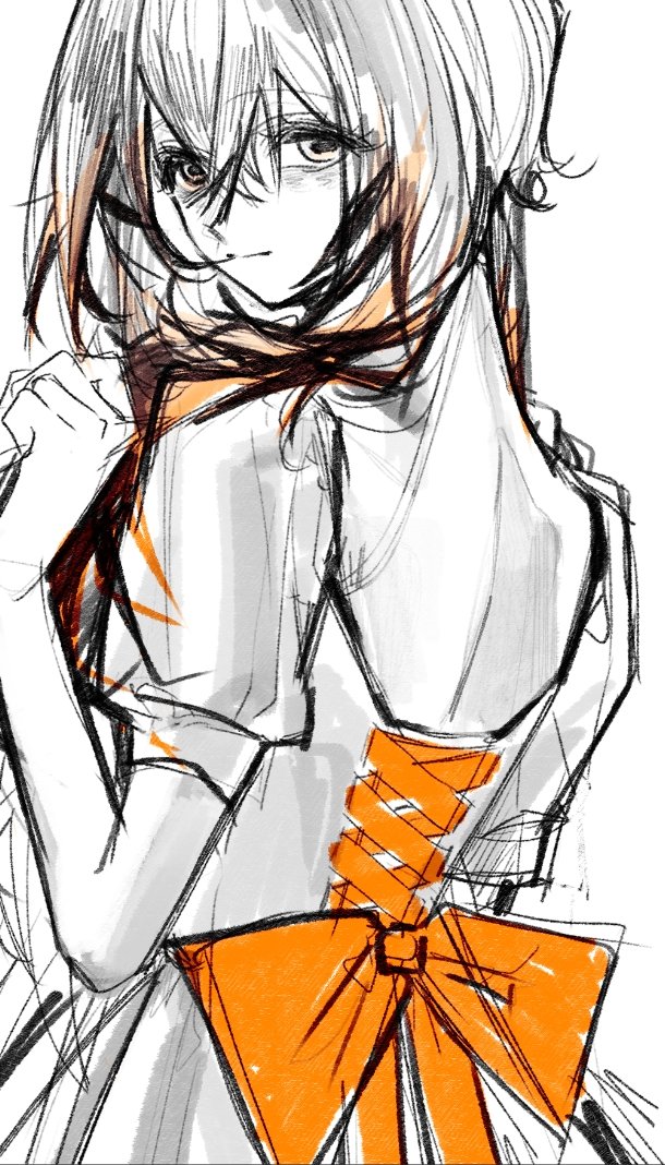 1girl, amo_empool, back_ribbon, closed_mouth, colored_tips, cross-laced_clothes, gachiakuta, greyscale