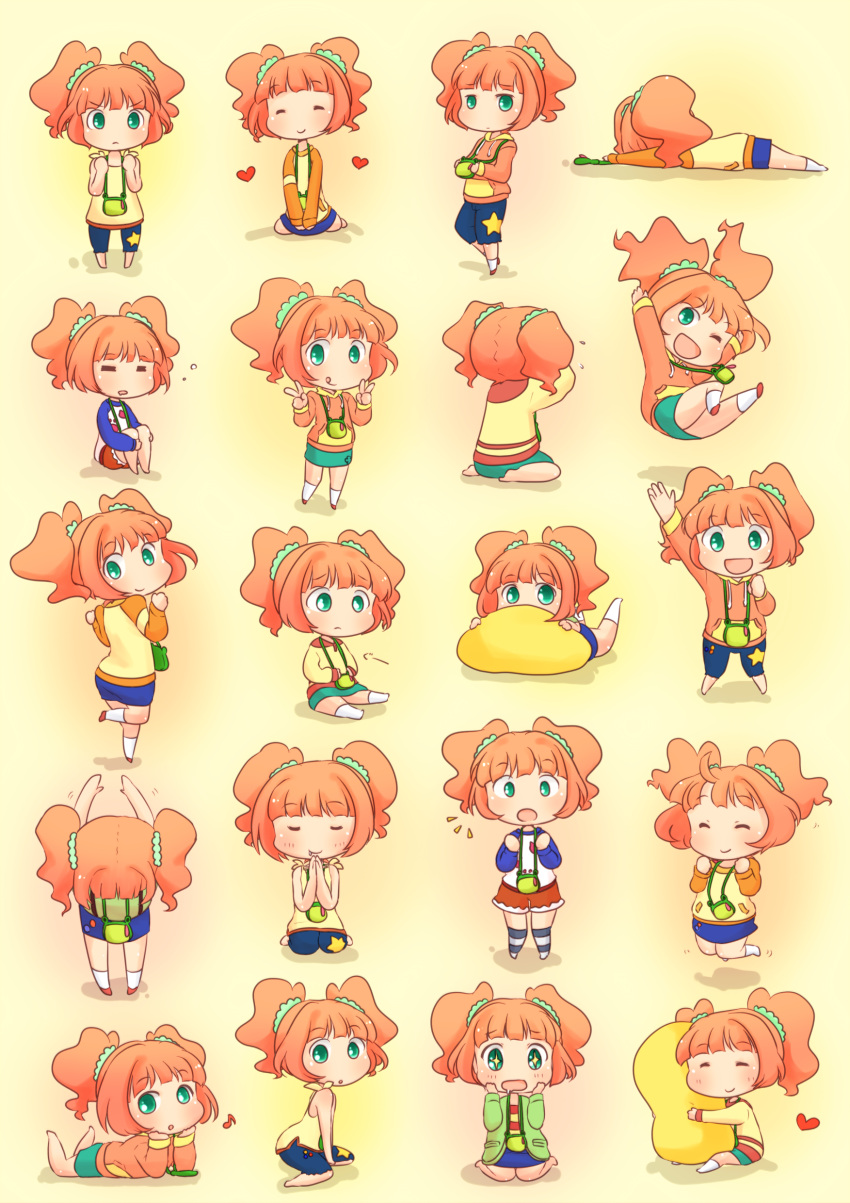 :d, :o, :q, ;d, =_=, absurdres, arms_up, bowing, character_sheet, chibi, double_v, ganbaru_pose, green_eyes, hands_together, heart, highres, hungry, idolmaster, jumping, leg_hug, lying, maiko_(yoshida308), on_stomach, open_mouth, orange_hair, pillow, pillow_hug, skirt, smile, stomach_growling, takatsuki_yayoi, tongue, twintails, v, wink