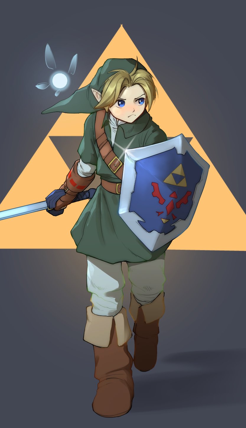 1boy, belt, blonde_hair, blue_eyes, boots, brown_belt, brown_boots, brown_gloves, english_commentary, fairy, gloves, green_hat, green_tunic, grey_pants, hat, highres, holding, holding_shield, holding_sword, holding_weapon, left-handed, link, male_focus, master_sword, mega_p1x3l5, navi, pants, phrygian_cap, pointy_ears, shield, shoulder_belt, solo, sparkle, sword, the_legend_of_zelda, the_legend_of_zelda:_ocarina_of_time, triforce, tunic, weapon