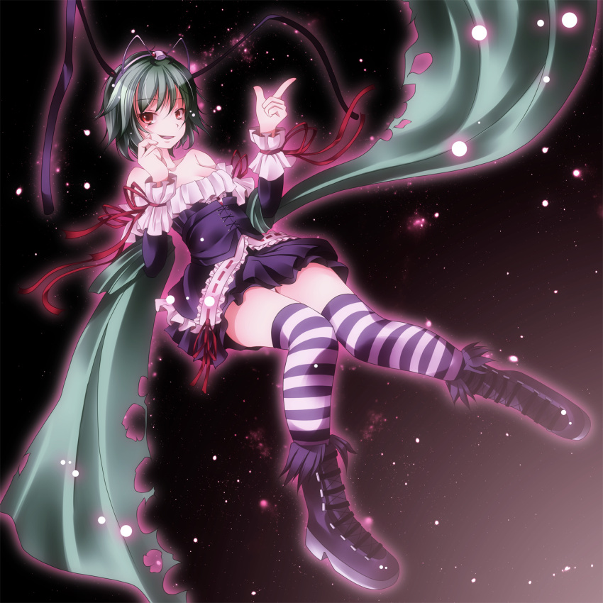 alternate_costume, antennae, bare_shoulders, boots, breasts, cape, cleavage, collarbone