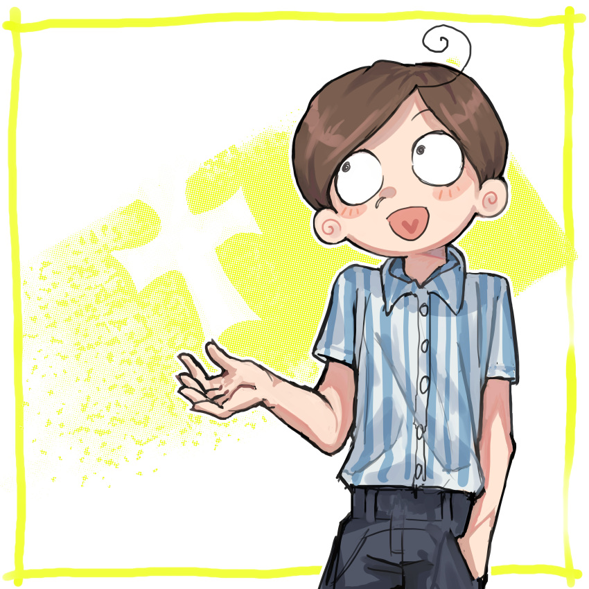 1boy, absurdres, blue_pants, blue_shirt, border, brown_hair, child, colored_pencil_(medium), commentary, cowboy_shot, denim, dress_shirt, english_commentary, fleshyorange, gradient_background, hand_in_pocket, highres, jeans, looking_to_the_side, looking_up, male_focus, moral_orel, open_hand, open_mouth, orel_puppington, pants, shirt, short_hair, short_sleeves, striped_clothes, traditional_media, vertical-striped_clothes, white_background, white_shirt, yellow_background, yellow_border