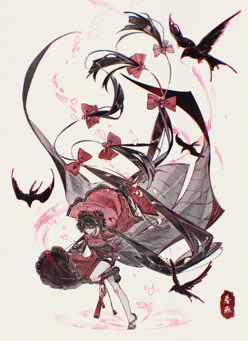 1girl, 66167e3d, absurdly_long_hair, absurdres, bird, black_dress, black_hair, bow, commentary_request, double_bun, dress, full_body, hair_bun, hand_fan, highres, holding, holding_fan, jia_xichun_(project_moon), limbus_company, long_hair, petals, project_moon, red_bow, red_shrug, shrug_(clothing), simple_background, solo, standing, twintails, very_long_hair, war_fan, white_background, wide_shot