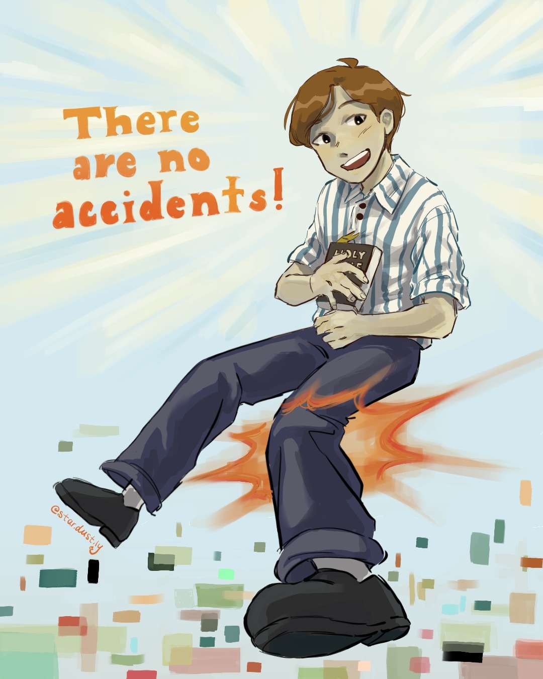 1boy, artist_name, bible_(object), black_shoes, blue_background, blue_pants, blue_shirt, book, brown_hair, child, commentary, dress_shirt, english_commentary, english_text, gradient_background, highres, holding, holding_book, looking_at_viewer, male_focus, moral_orel, open_mouth, orel_puppington, pants, shirt, shoes, short_hair, short_sleeves, sitting, smile, socks, solo, stardustly, striped_clothes, striped_shirt, vertical-striped_clothes, white_background, white_shirt, white_socks