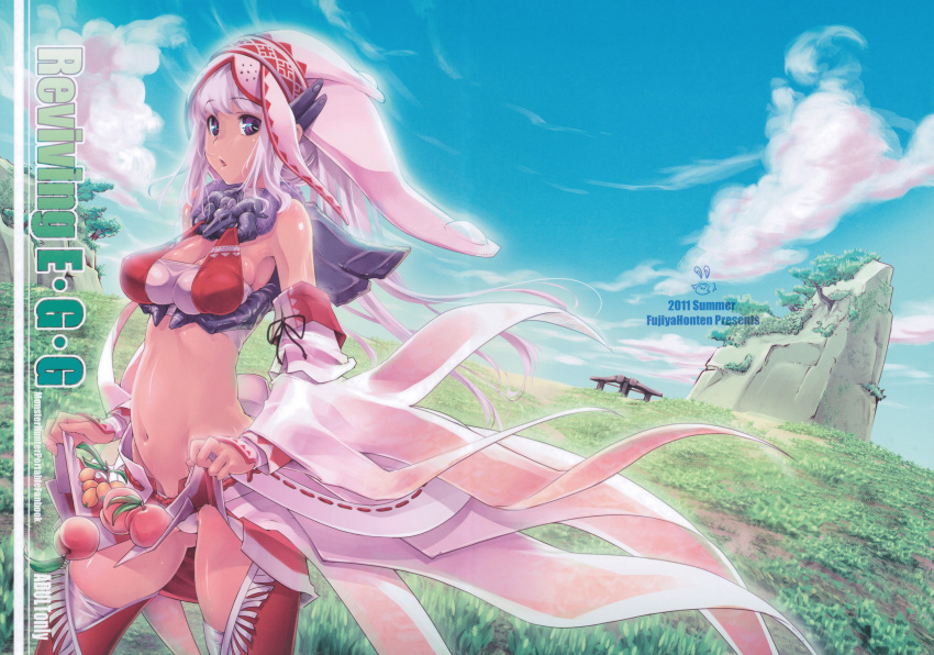 artist_request, breasts, character_request, cleavage, detached_sleeves, dober_(armor), food, fringe