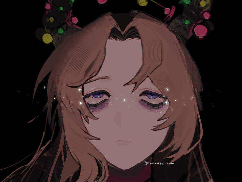 1girl, antlers, bags_under_eyes, black_background, brown_hair, christmas, closed_mouth, expressionless
