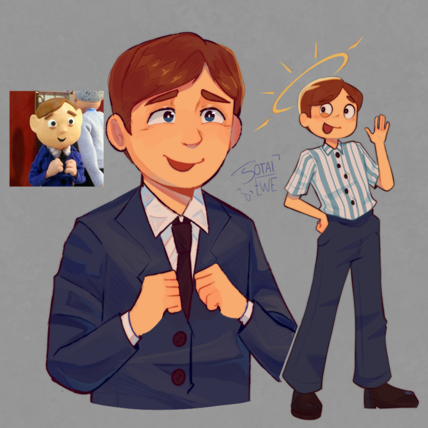 1boy, artist_name, black_necktie, blue_shirt, blue_suit, brown_hair, child, commentary
