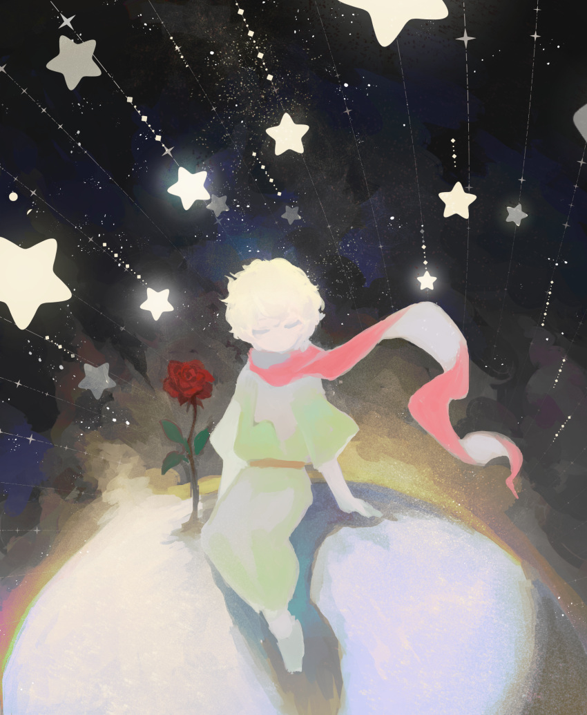 1boy, blonde_hair, closed_eyes, commentary_request, flower, full_body, green_pants, green_shirt
