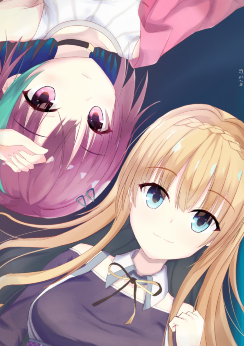 2girls, aqua_hair, aqua_streaks, artist_name, bare_shoulders, black_choker, black_shirt, blonde_hair