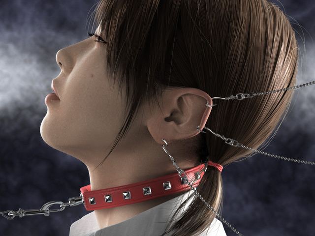 asian, cg, chains, collar, female, piercing, realistic, solo