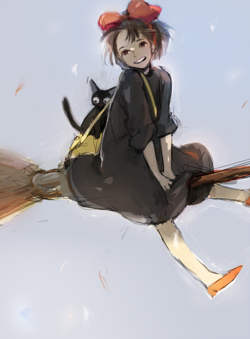 black_cat_(animal), black_dress, bow, broom, broom_riding, cat, dress, hair_bow