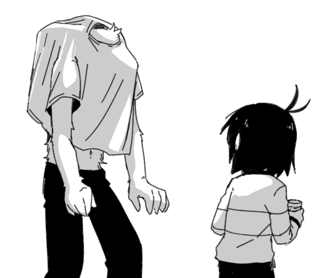 1boy, 1other, adoptive_siblings, animal_ears, asriel_dreemurr, black_pants, commentary_request, deltarune