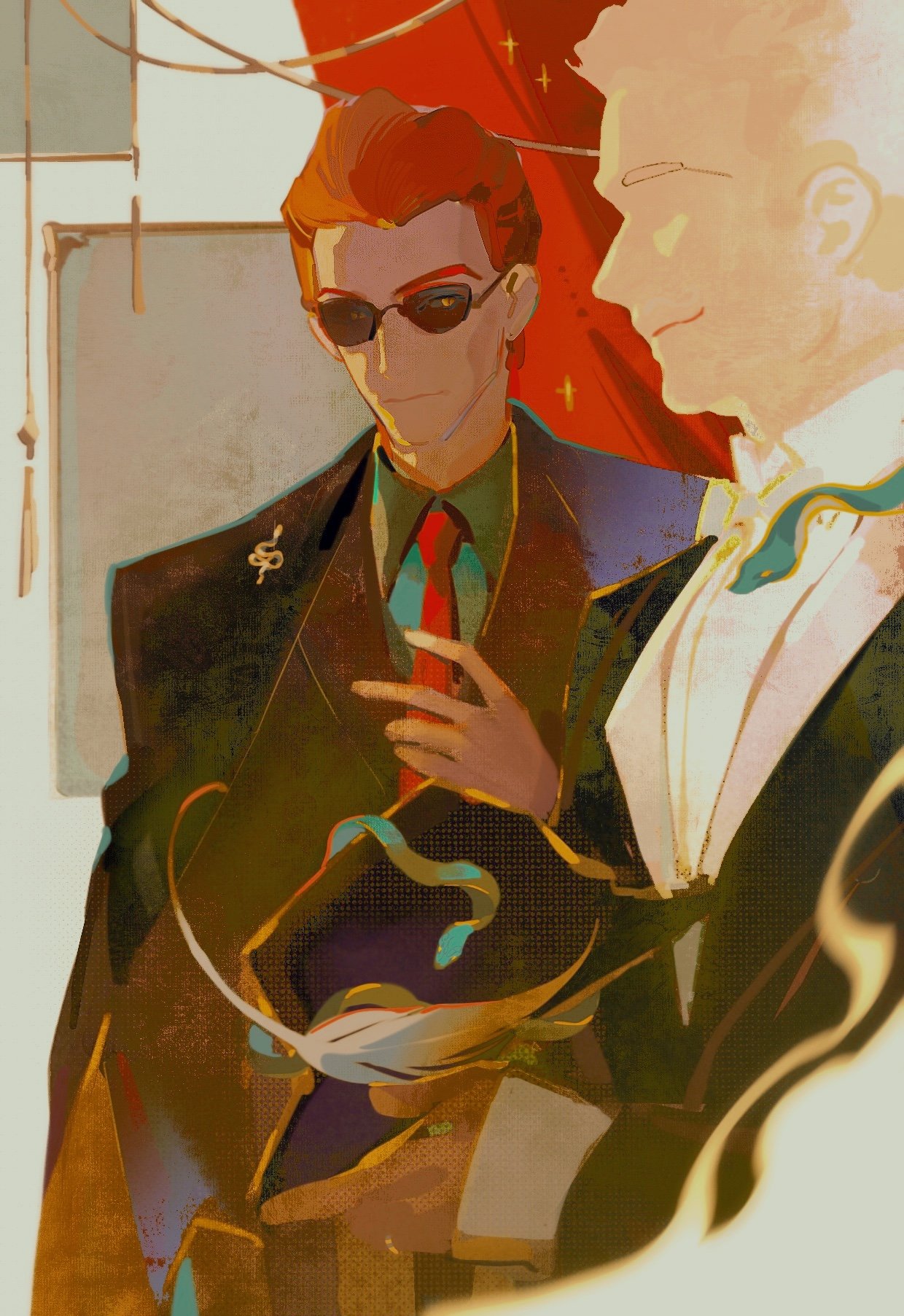 2boys, angel, angel_and_devil, aziraphale_(good_omens), commentary, crowley_(good_omens), cyanora1, demon_boy