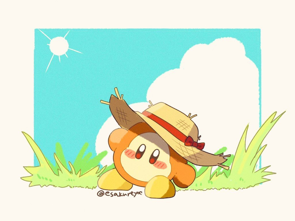 blue_sky, blush_stickers, border, bow, brown_hat, clouds, commentary_request, day